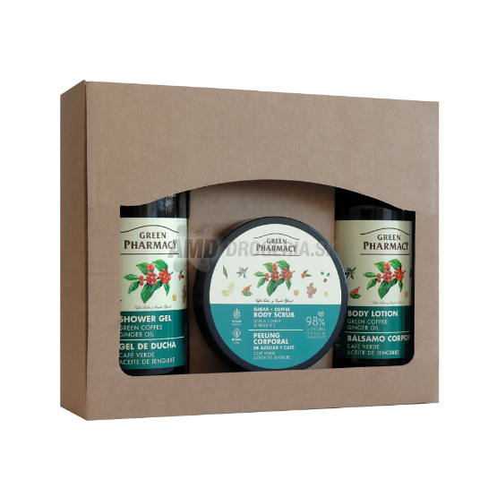 KAZETA GREEN PHARMACY ZELENÁ KÁVA A ZÁZVOROVÝ OLEJ SPRCHOVÝ GÉL 500ML + TELOVÉ MLIEKO 400ML + PEELING 200ML