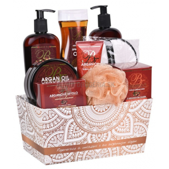 KAZETA BODY TIP ARGÁN SPRCHOVÝ OLEJ 300ML + PRÍRODNÉ MYDLO 100G + KRÉM NA RUKY 100ML + TEKUTÉ MYDLO 300ML + TELOVÉ MASLO 200ML + PLEŤOVÝ KRÉM 50ML + TELOVÝ BALZAM 300ML