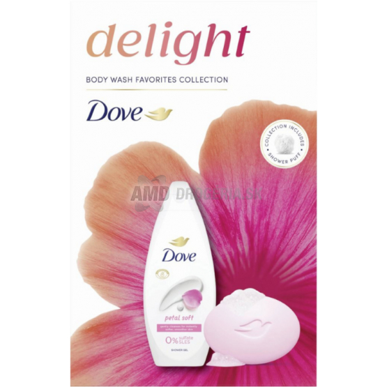 KAZETA DOVE PETAL SOFT SPRCHOVÝ GÉL 250ML + TUHÉ MYDLO 90G + SPRCHOVACIA RUŽA 