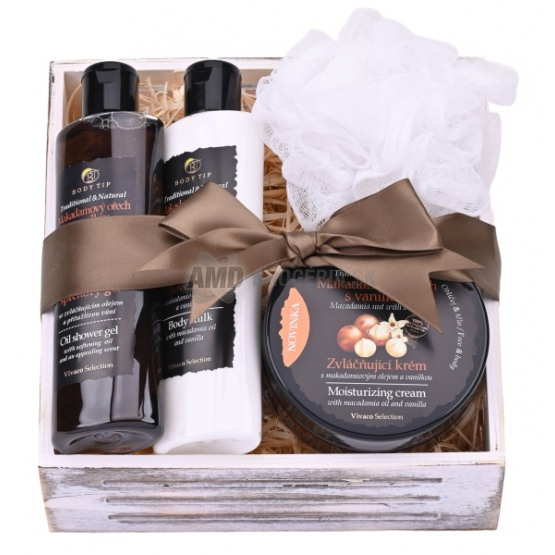 KAZETA SELECTION MAKADAMOVÝ ORECH S VANILKOU ZVLÁČŇUJÚCI KRÉM 200ML +  OLEJOVÝ SPRCHOVÝ GÉL 200ML  + TELOVÉ MLIEKO 200ML + MASÁŽNA HUBKA