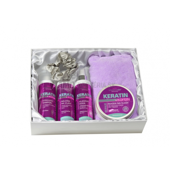 KAZETA KERATÍN & KOFEÍN ŠAMPÓN NA VLASY 200ML + BALZAM NA VLASY 200ML  + MASKA NA VLASY 200ML + VLASOVÁ VODA 200ML  + TURBAN NA VYSUŠENIE VLASOV + SATÉNOVÁ GUMIČKA DO VLASOV