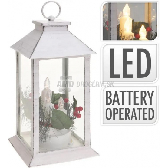 Lucerna biela s LED sviečkou a vianočnými vetvičkami, 29 cm
