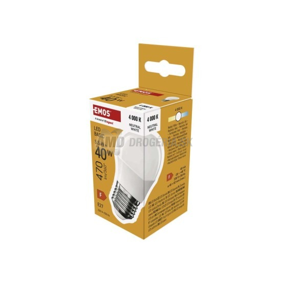 Emos LED žiarovka Basic E27, malá banka, 5,5 W (40 W), neutrálna biela