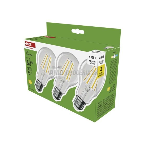 Emos LED žiarovka Filament A60, E27, 5,9 W (60 W), neutrálna biela, 3 ks