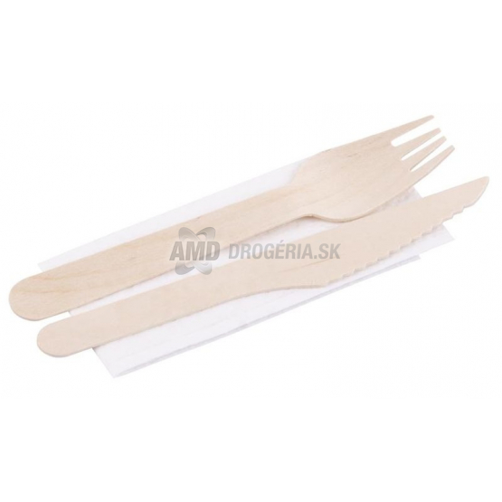 MagicHome Woodline ECO Drevený príbor – vidlička, nôž a servítka, 16 cm