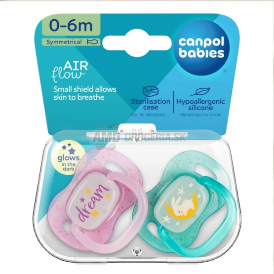 Canpol Babies Cumlík silikónový symetrický Night Glow, 0-6 m, dievča, 2 ks