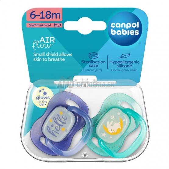 Canpol Babies Cumlík silikónový symetrický Air Flow Night Glow 6-18 m chlapec, 2 ks