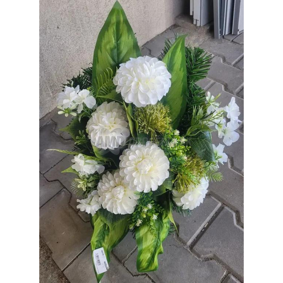 Ikebana na nôžke s cíniami, biele chryzantémy, kód 4078