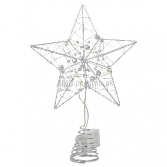 LED hviezda na vrchol stromčeka, kovová strieborná, 10 LED, 20x5x28 cm