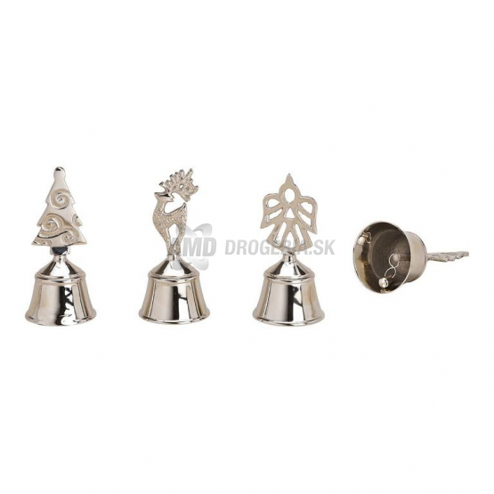 WURM Stolový zvonček vianočný, kovový strieborný, 3-dielny set (stromček, anjel, sob), výška 12 cm