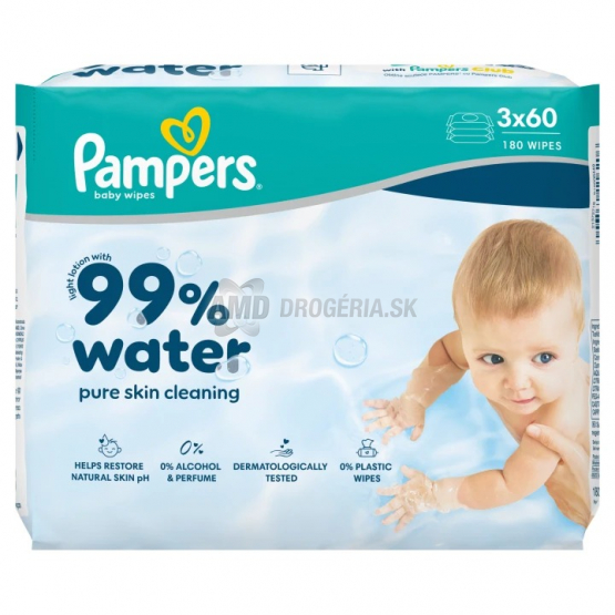 Pampers Vlhčené obrúsky 99% Water, 3x60 ks (180 ks)