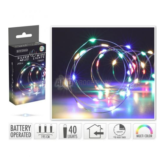 Vianočná svetelná reťaz 40 LED farebná s časovačom, vnútorná, 195 cm