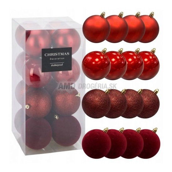 Vianočné gule závesné 8 cm, červená mix, sada 16 ks