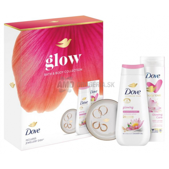 Dove Glow Bath & Body Collection darčeková kazeta (sprchový gél 225 ml + telové mlieko 250 ml + šperkovnica)