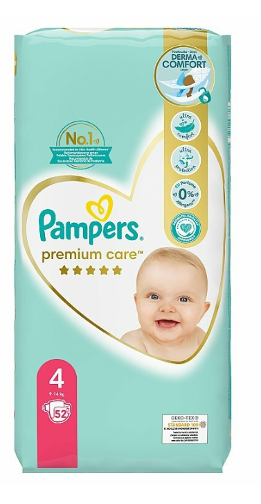 PAMPERS PREMIUM CARE 4 PLIENKY (9-14 KG) 52 KS