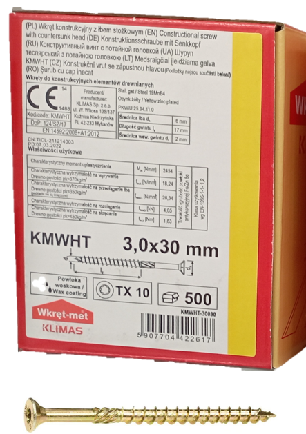 SKRUTKA KMWHT 3X30 KONŠTRUKČNÁ SO ZAPUSTENOU HLAVOU TX10 ZZ BALENIE 500KS/KRABICA