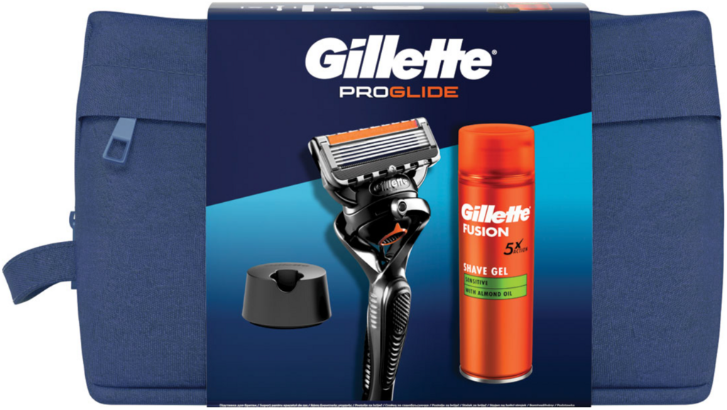 KAZETA GILLETTE PROGLIDE HOLIACI STROJČEK + NÁHRADNÁ HLAVICA + FUSION SENSITIVE GÉL 200ML + STOJAN + KOZMETICKÁ TAŠKA