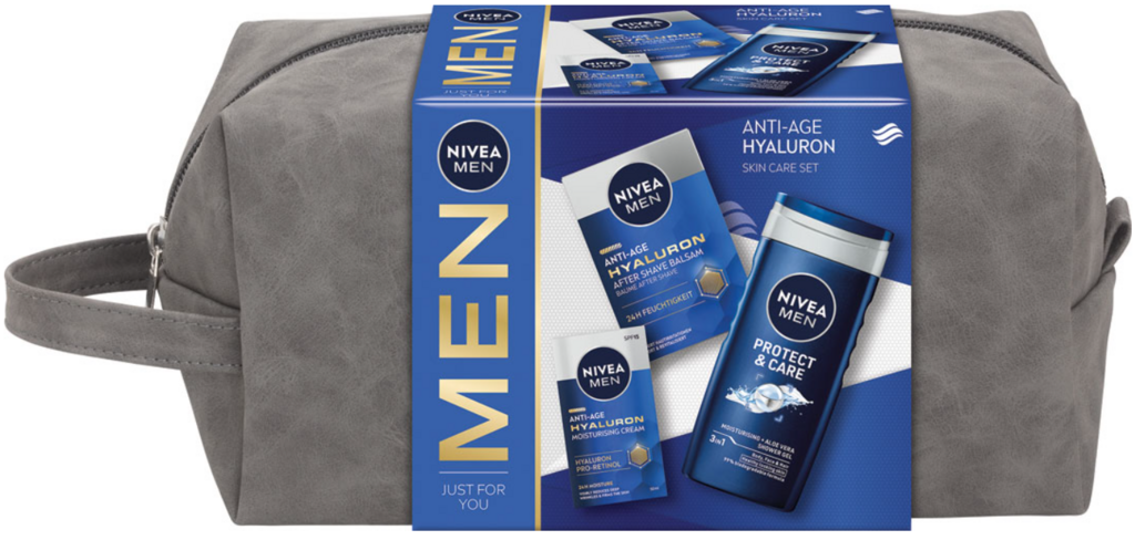 KAZETA NIVEA MEN BAG ANTI-AGE HYALURON SPRCHOVÝ GÉL 250ML +BALZAM PO HOLENÍ 100ML + PLEŤOVÝ KRÉM 50ML