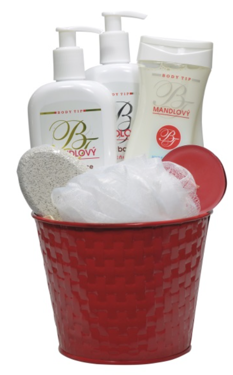 KAZETA BODY TIP MANDĽA V PLECHOVOM OBALE SPRCHOVÝ GÉL 300ML + KRÉM NA RUKY 300ML + TELOVÝ BALZAM 300ML + MASÁŽNA HUBKA + VONNÁ SVIEČKA + PEMZA