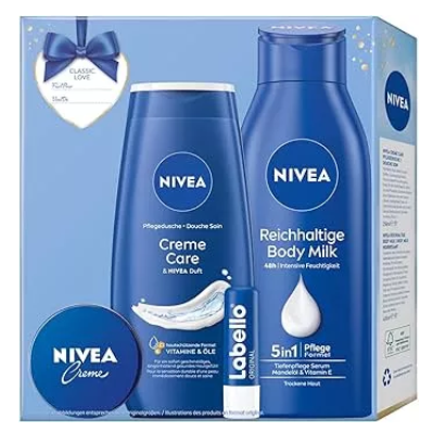 KAZETA NIVEA CLASSIC LOVE CREME CARE SPRCHOVÝ GÉL 250ML + TELOVÉ MLIEKO 400ML +KRÉM 30ML + BALZAM NA PERY LABELLO 4,8G