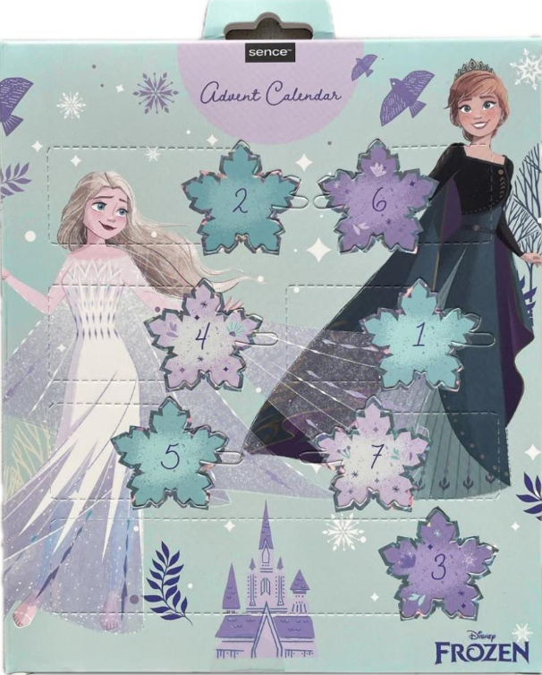 KAZETA FROZEN ADVENTNÝ KALENDÁR UMELÉ VLASY + PLASTOVÝ PRSTEŇ + ČELENKA + GUMIČKU DO VLASOV + NÁLEPKY DO VLASOV