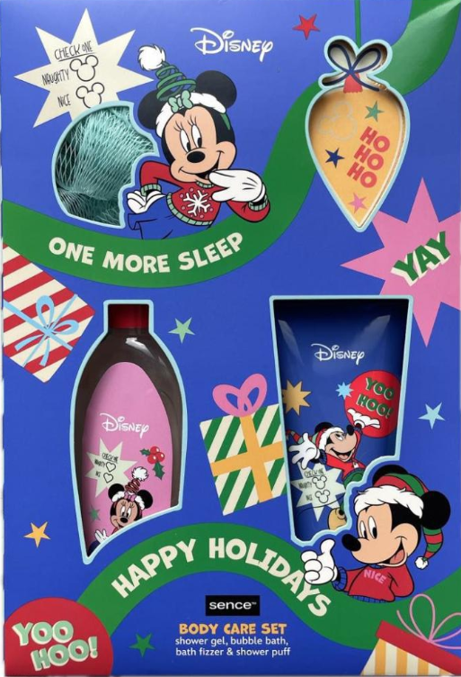 KAZETA MICKEY MOUSE SPRCHOVÝ GÉL 100ML + PENA DO KÚPEĽA 100ML + ŠUMIVÁ BOMBA 40G + MASÁŽNA HUBKA