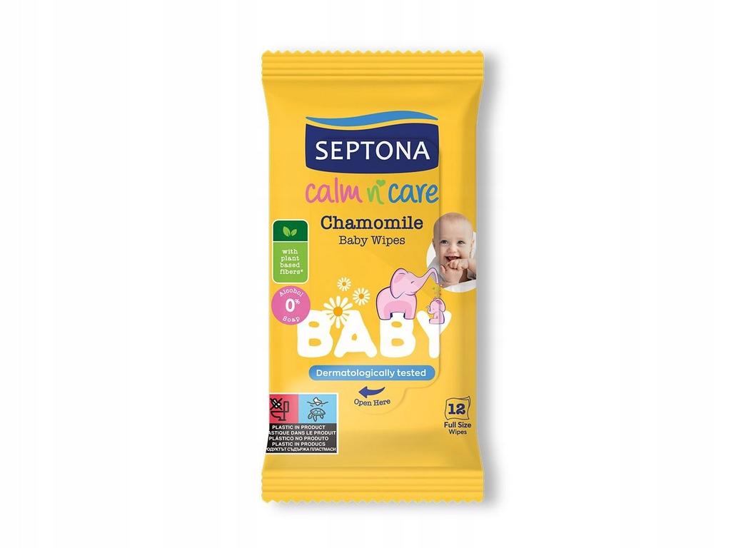 Septona Calm n' Care Baby detské vlhčené obrúsky harmanček, 12 ks
