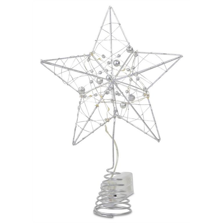 LED hviezda na vrchol stromčeka, kovová strieborná, 10 LED, 20x5x28 cm