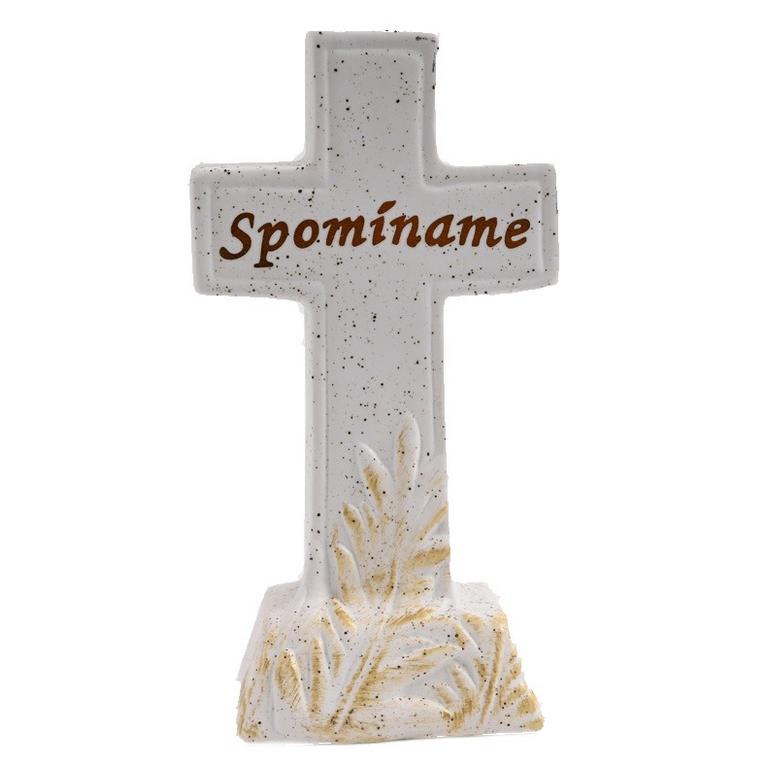 Kríž Spomíname, biely so zlatým dekorom, 21 × 11 × 7 cm