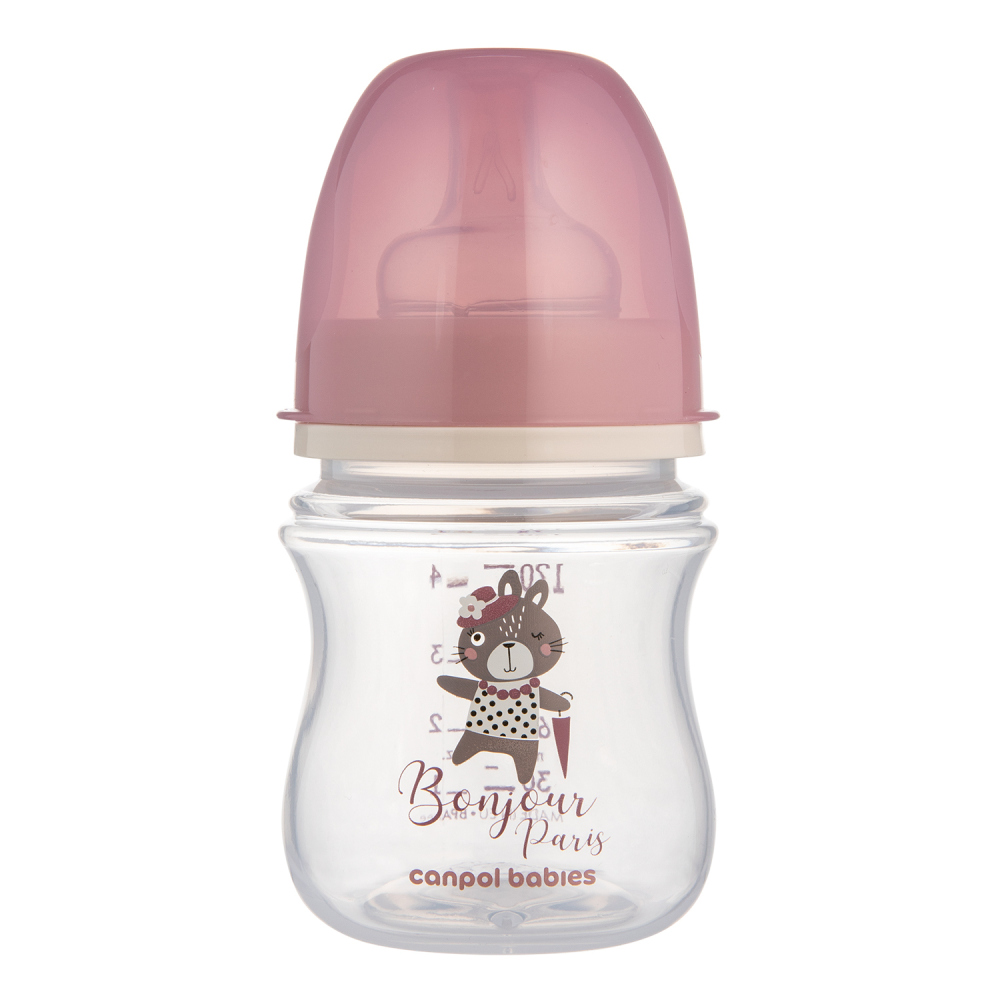 CANPOL DOJČENSKÁ FĽAŠA ANTIKOLIKOVÁ ŠIROKÁ BONJOUR PARIS 120ML 0+ RUŽOVÁ